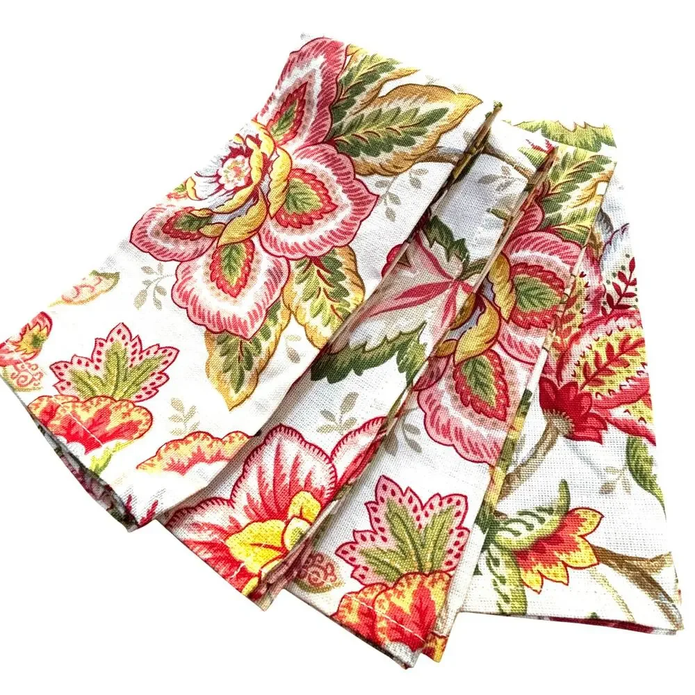 Set of 4 cotton cloth napkins Jacobean flowers colorful pink & green 20
